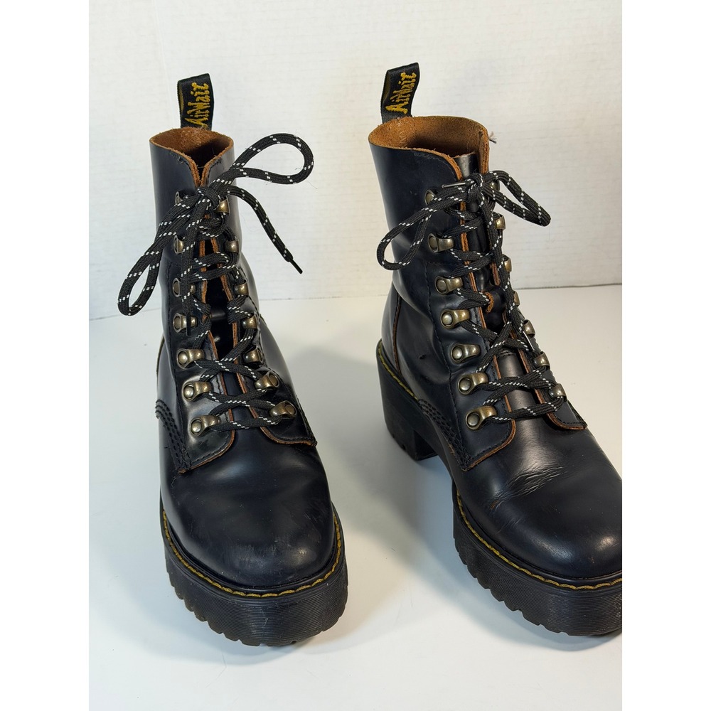Dr. Martens Leona Black Leather Platform Heeled Combat Boots Womens 7